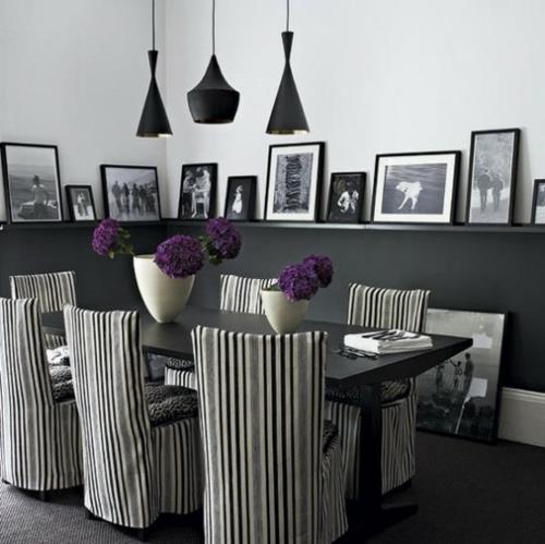 décoration d'intérieur en rayures noires et blanches photos fleurs coin repas