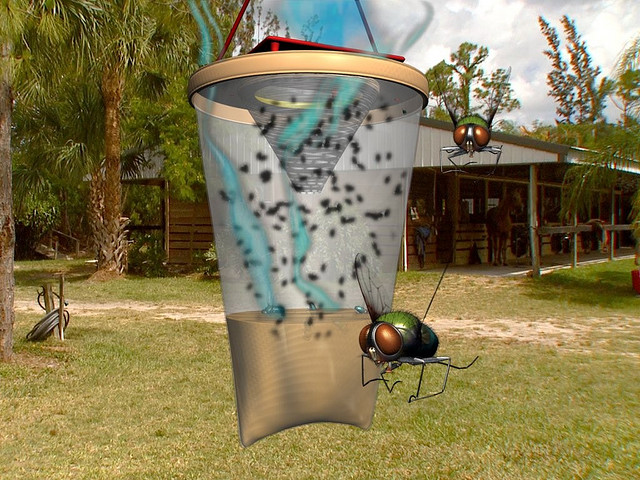 Wie man Fliegen im Haus loswird. Eine übliche Form einer Fliegenfalle ist ein Behälter mit einem Trichter mit flüssigem Köder am Boden.