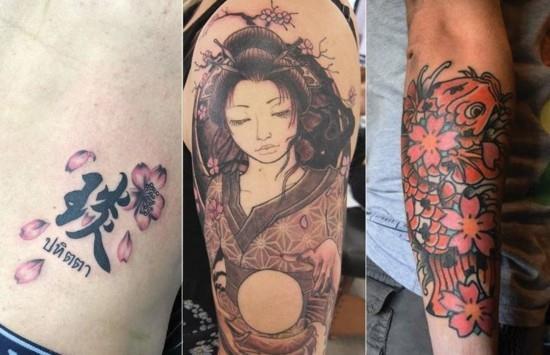 japońskie motywy tatuaż z kwiatami wiśni
