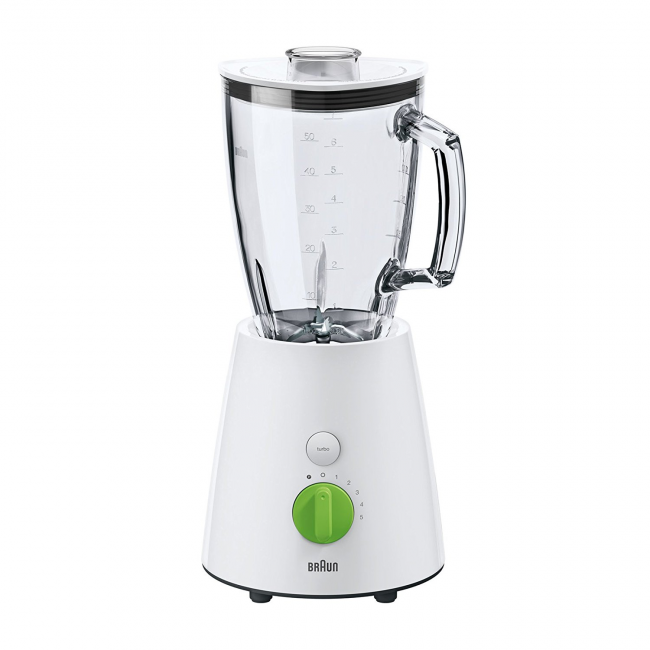 الخلاط الثابت Braun JB 3060 White من سلسلة Tribute باللون الأبيض والأخضر يتكون من هيكل بلاستيكي ووعاء مصنوع من الزجاج الحراري ، بقوة 800 وات