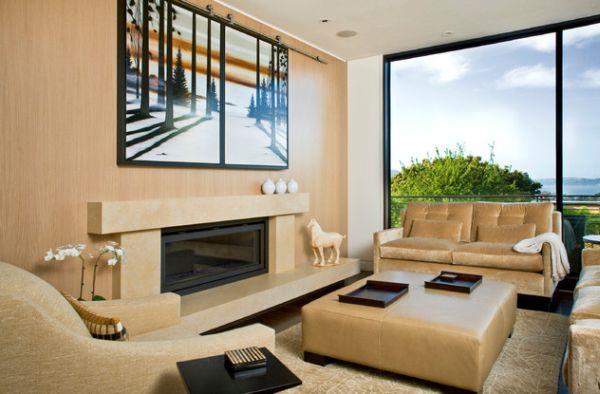 Cheminées vitrées meubles en cuir d'appartement moderne