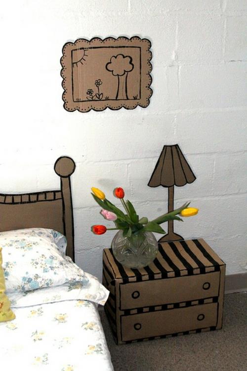idée déco chambre en carton table de chevet originale vase tulipes
