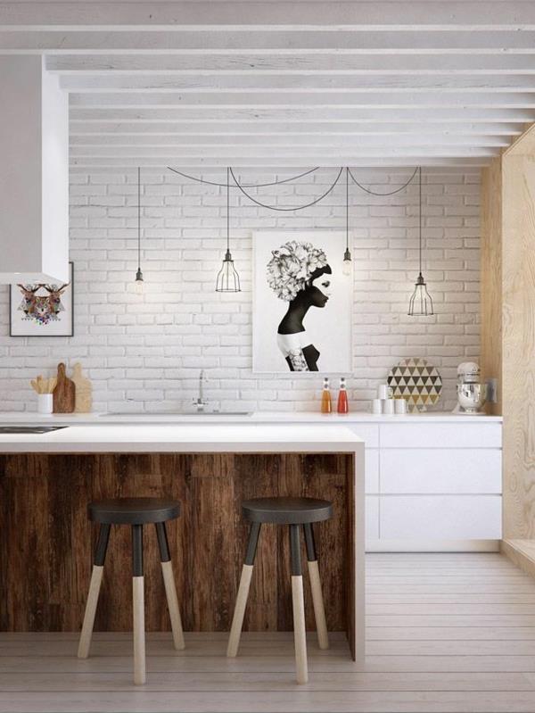 projekt kuchnia kuchnia wyspa drewniany stołek skandynawski projekt ceglany mur biały mural