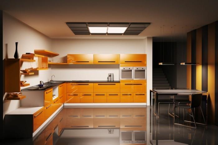 armoires de cuisine orange en forme de L et sols sombres