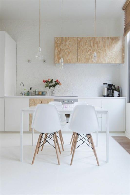 projekt kuchni biały minimalistyczny skandynawski design akcenty drewna