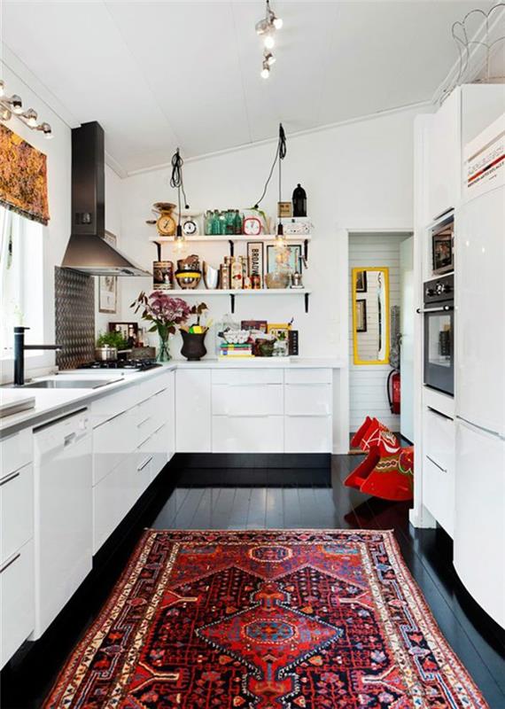 projekt pokoju projekt kuchni kolorowe dywaniki białe szafki kuchenne