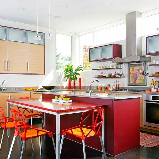 idées d'îlot de cuisine design bois orange vif rouge brillant