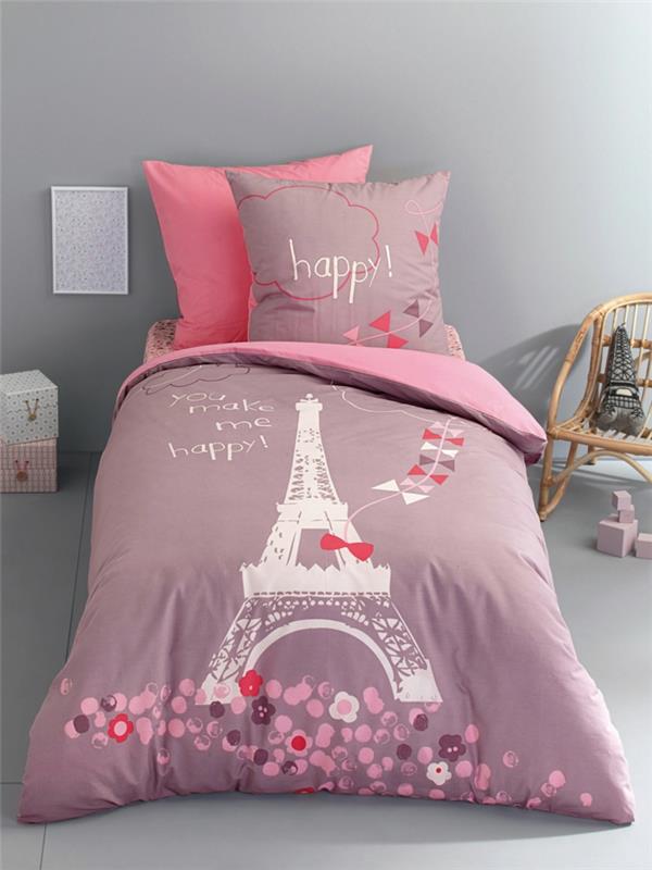 pościel dla dzieci dziewczynka różowy fioletowy paryż wieża eiffla