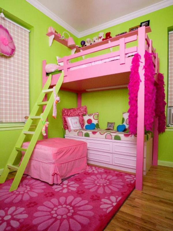 chambre d'enfant couleurs peinture murale vert rose meubles