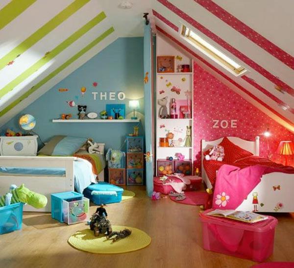 couleurs de la chambre des enfants peinture murale lits à rayures vertes roses