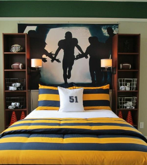 pokój dziecięcy dla chłopców łóżko półki ścienne projektowanie ścian sport pokój młodzieżowy