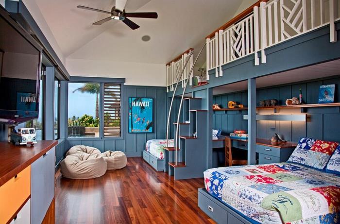 chambre d'enfant design idées de décoration de style tropical couleur de mur bleu