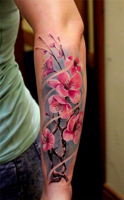 Przedramię z tatuażem z kwiatem wiśni