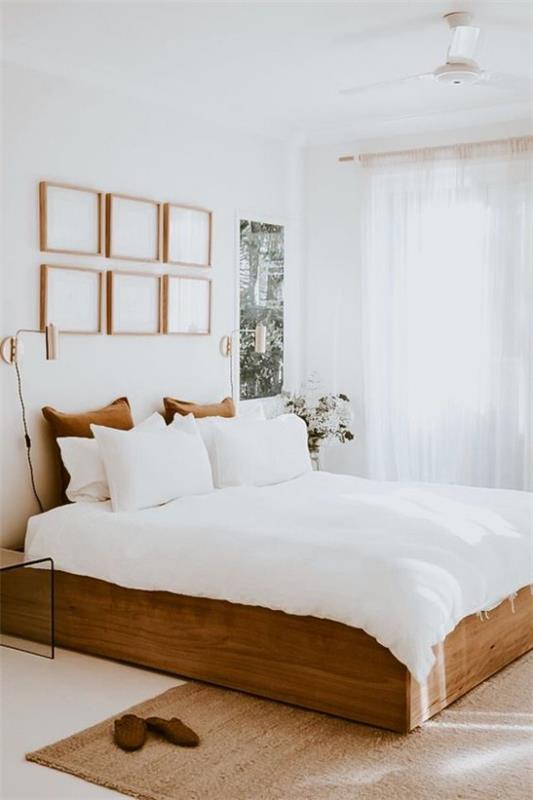 petite chambre agrandir visuellement lit de couchage en bois literie blanche oreillers décoration murale fenêtre beaucoup de lumière