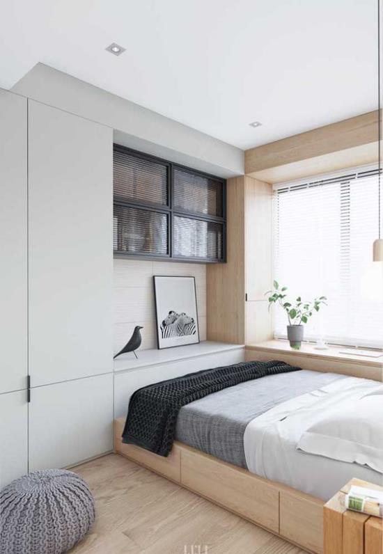 agrandir optiquement petite chambre ambiance lumineuse armoires encastrées jusqu'au plafond bon espace de rangement gris blanc anthracite dominer