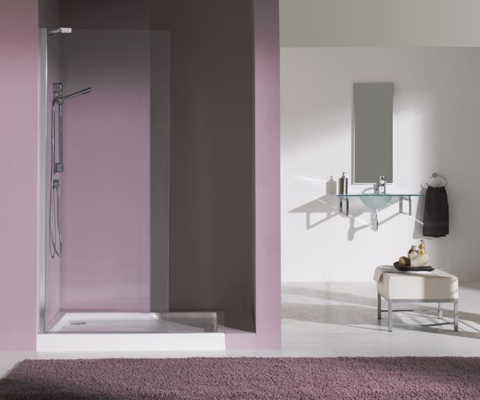 Mała łazienka z otwartą kabiną prysznicową fioletowy pastel