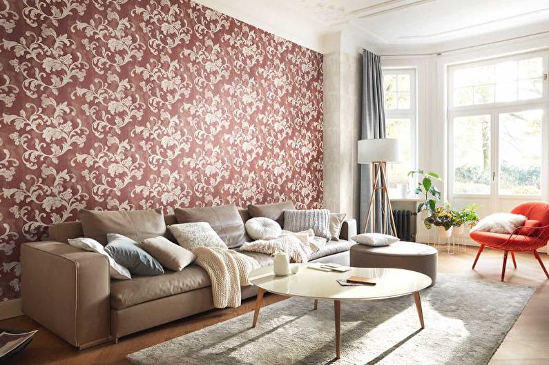 Kombinace tapety v obývacím pokoji - akcentovaná stěna