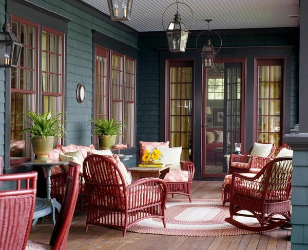 meubles en osier tressé rouge foncé terrasse couverte