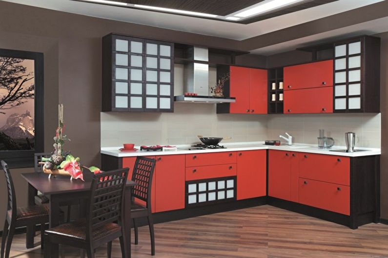 Červená a černá japonská minimalistická kuchyně - interiérový design