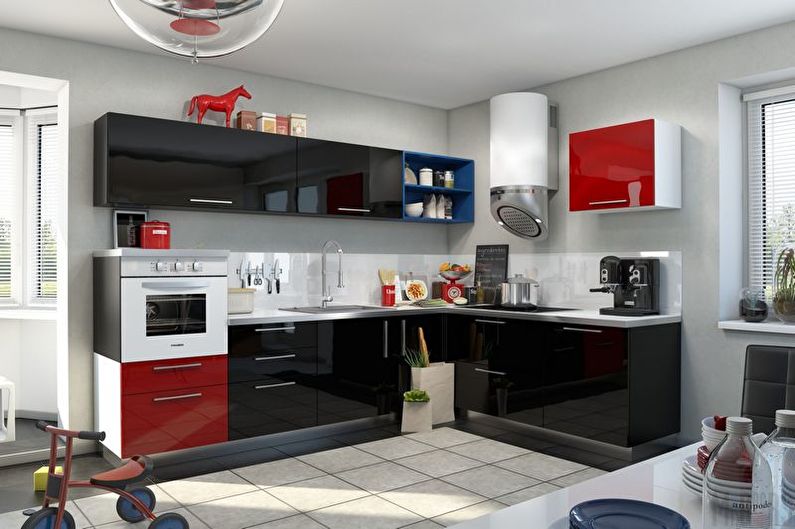 Červený a černý design kuchyně - povrchová úprava podlahy