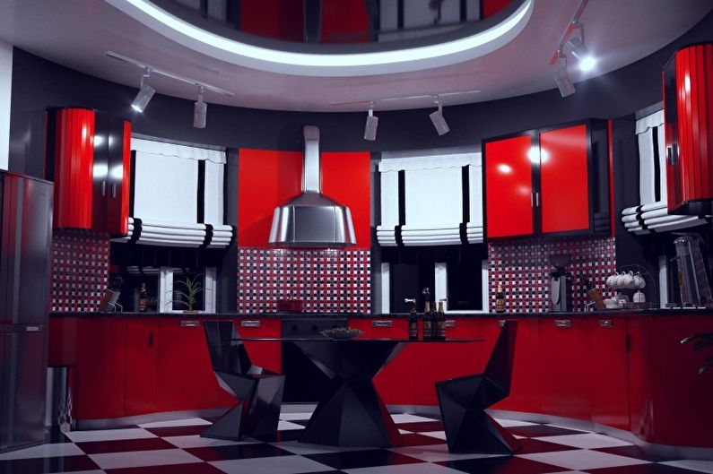 Červený a černý design kuchyně - stropní úprava