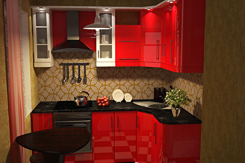 Malá červená a černá kuchyně - interiérový design