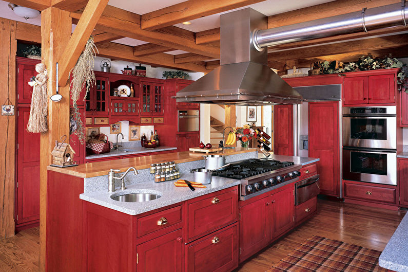Červená a černá kuchyně ve venkovském stylu - interiérový design