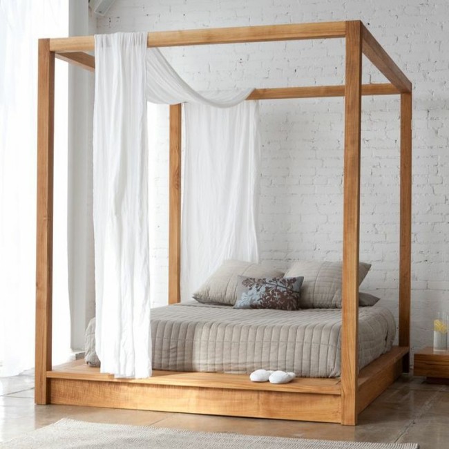 Jednodílný design postele s baldachýnem je nyní jedním z nejoblíbenějších nápadů pro prostorné ložnice.