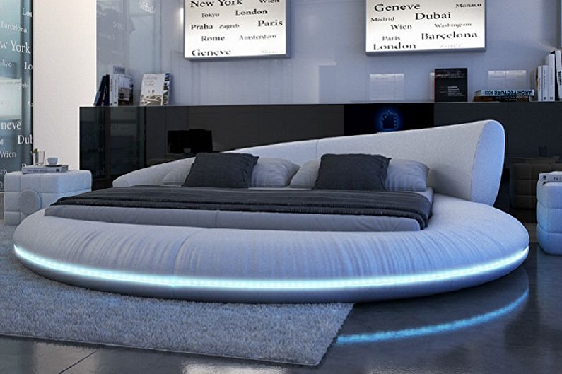 Kulatá postel v ložnici v různých stylech - techno, hi -tech