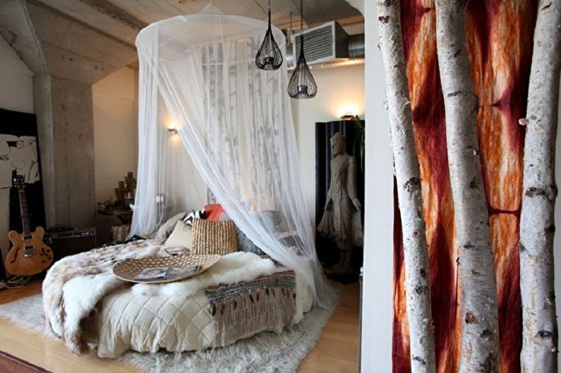 Kulatá postel v ložnici v různých stylech - skandinávský styl