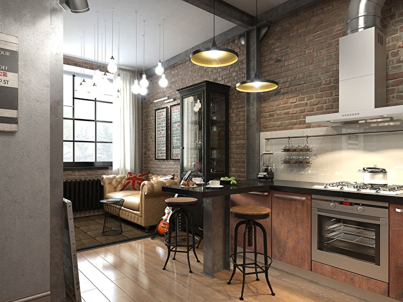 Дизайн на кухня-хол в стил таванско помещение-снимка
