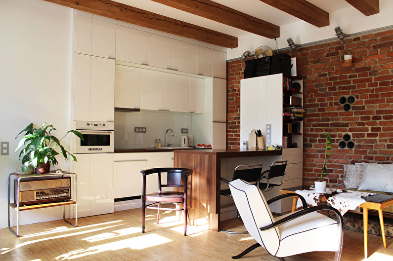 Дизайн на кухня-хол в стил таванско помещение-снимка