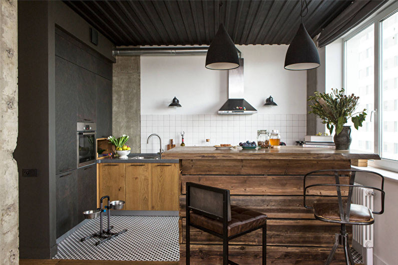 Дървена кухня в стил таванско помещение - снимка