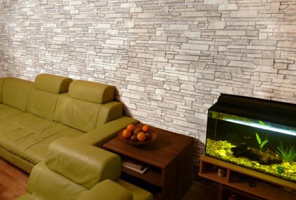 canapé vert jaune design mur en pierre artificielle