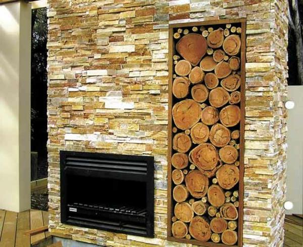 mur en pierre artificielle design cheminée bois de chauffage