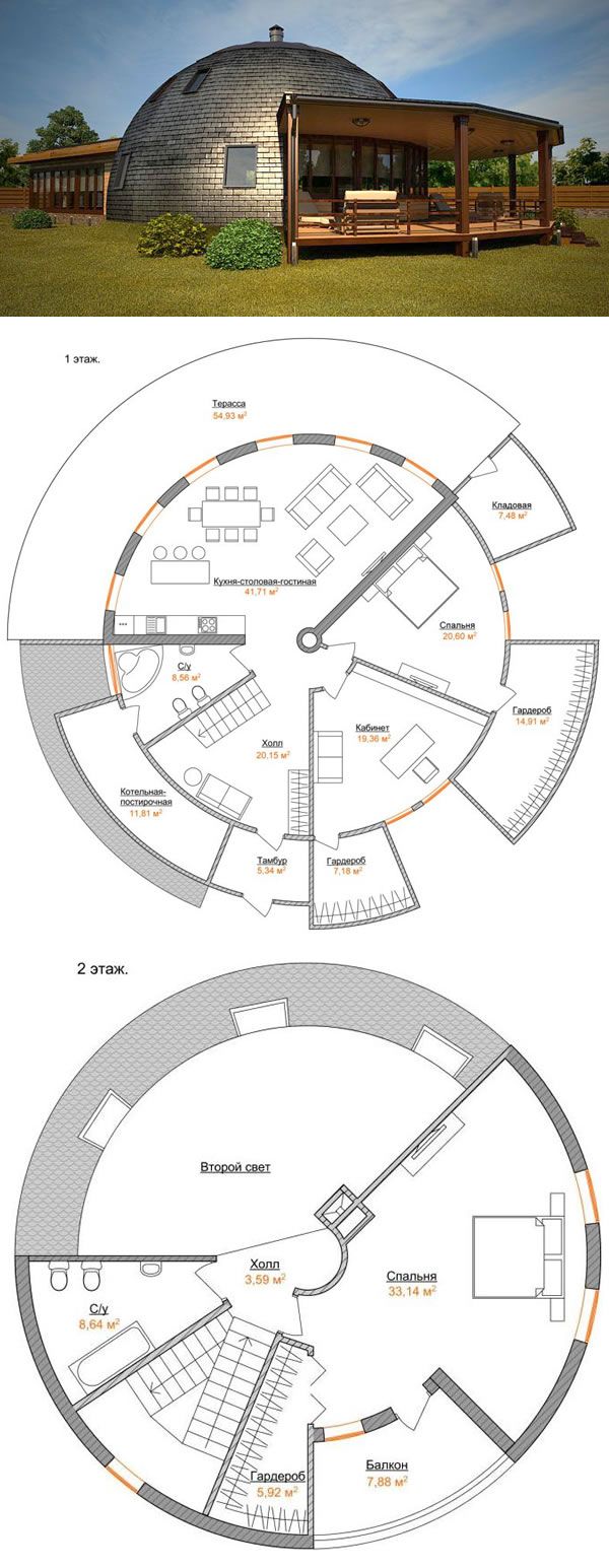 План на двуетажна жилищна куполна къща