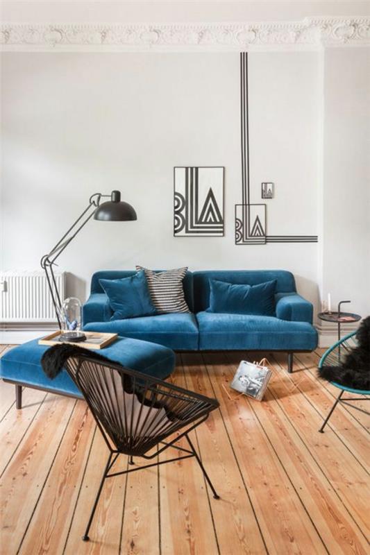 abat-jour lampadaire bleu fauteuil plancher en bois