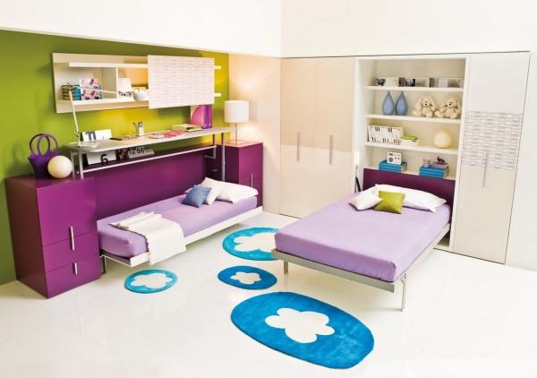 fioletowa pościel dziewczęca pokój dziecięcy niebieskie bieżniki podłogowe
