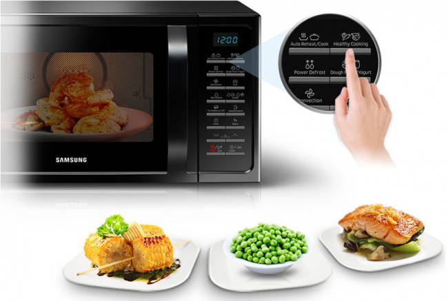 Съвременният модел на Samsung ви позволява ефективно да подгрявате храна, както и да приготвяте ястия от готварската книга