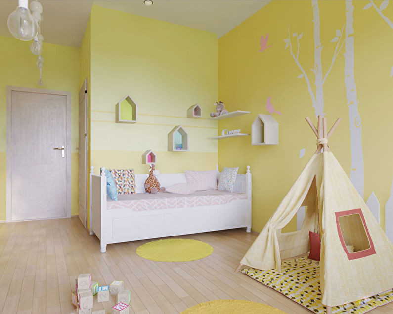 غرفة أطفال صغيرة بألوان صفراء
