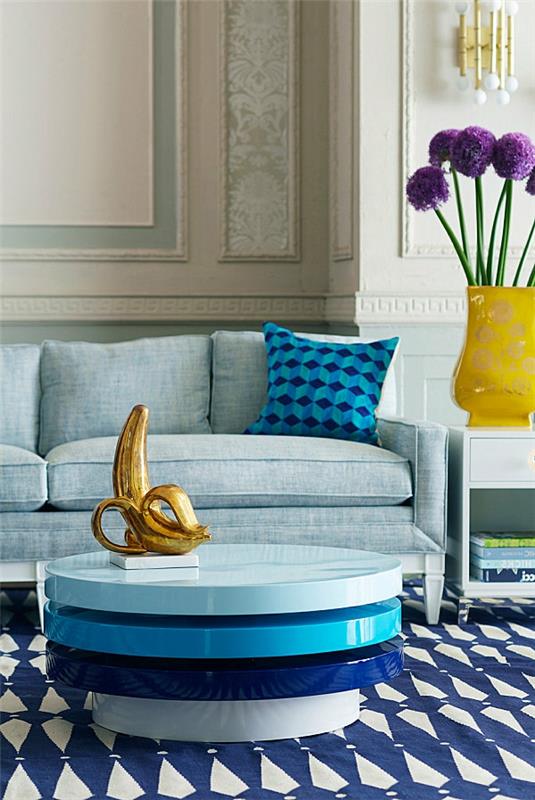 tables basses massives bleu haute brillance ronde banane dorée