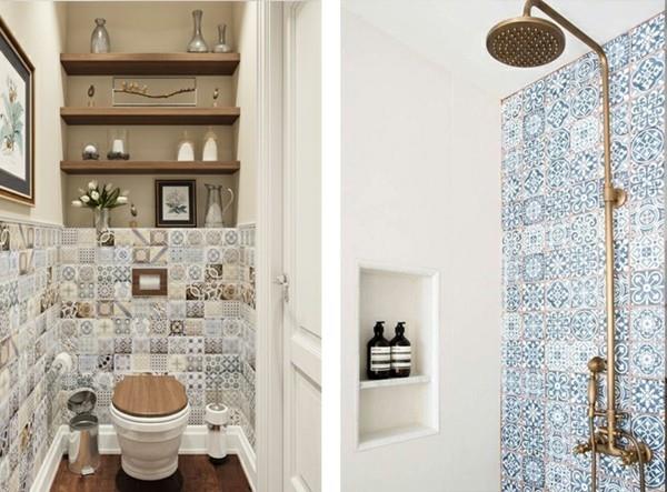 Śródziemnomorski projekt łazienki z patchworkowymi ścianami akcentującymi