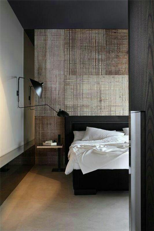 minimalistyczny projekt ściany sypialni beżowy czarny