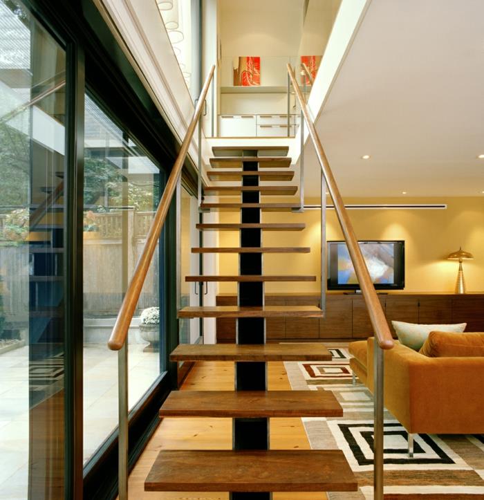 ameublement moderne intérieur escaliers tapis géométrique murs jaunes