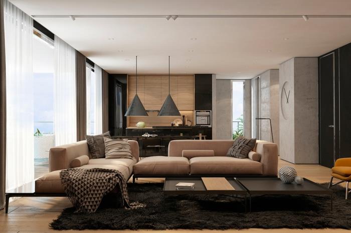 ameublement moderne tapis noir meubles beige plan d'étage ouvert lumières suspendues