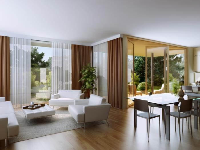 Ameublement moderne plan d'étage ouvert rideaux parquet aspect bois