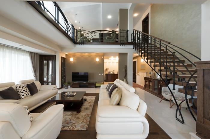 Ameublement moderne salon escalier moderne meuble blanc motif tapis