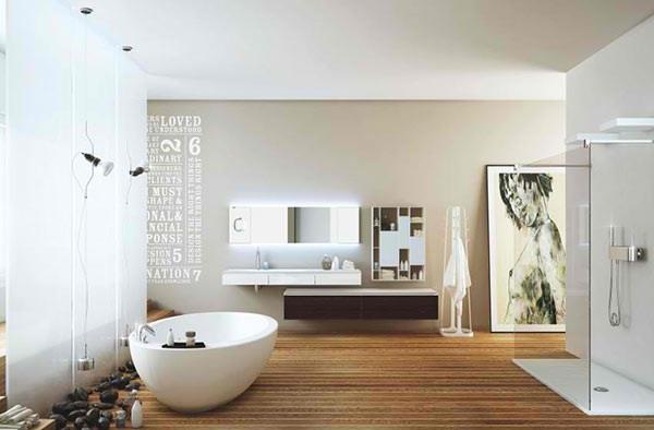 Salle de bains moderne baignoire autoportante conception de mur de douche parquet design moma