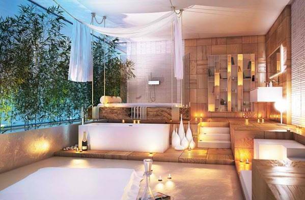 salle de bain moderne baignoire autoportante ameublement en bois romantique design moma