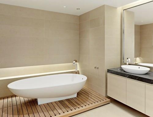 nowoczesne pomysły na podłogę w łazience wanna z drewna podstawa